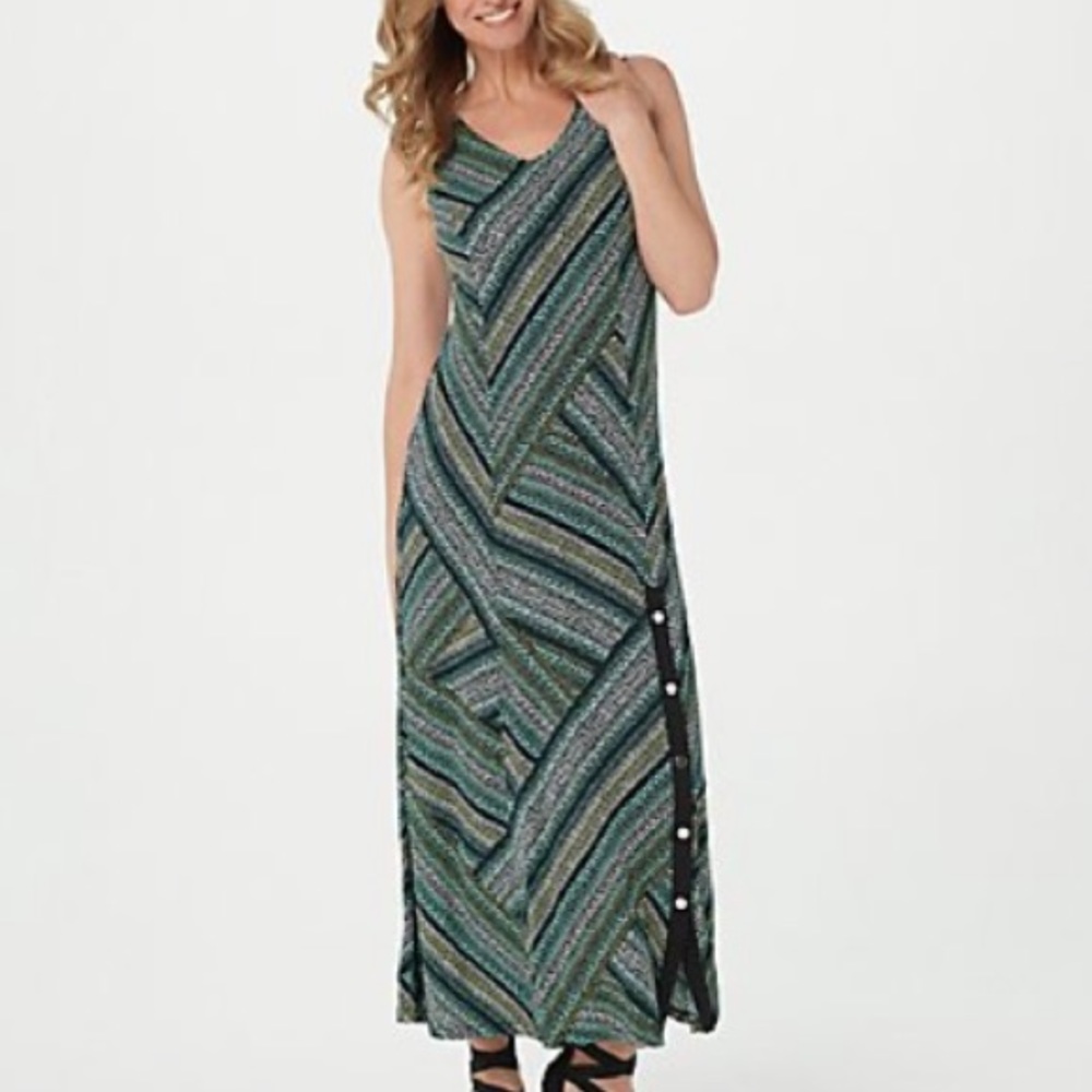 Susan Graver Printed Liquid Knit Maxi Dress ~ Black/Teal - Picture 8 of 8